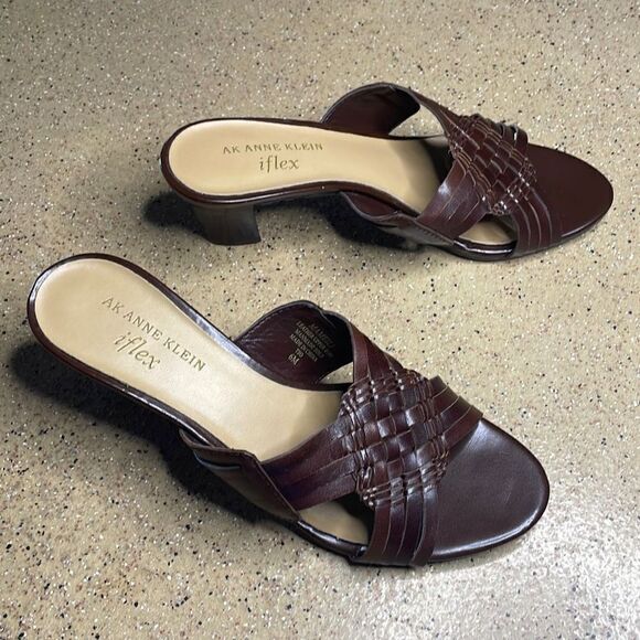 Anne Klein iflex Mameili Brown Woven Leather Cross Strap Heeled Mule Slides 6 - Picture 1 of 12